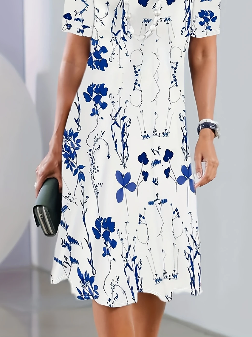 Damen Geblümt Kurzarm Sommer Print Kleid Rundhals Täglich Retro Midi Tunika H-Linie Kleid