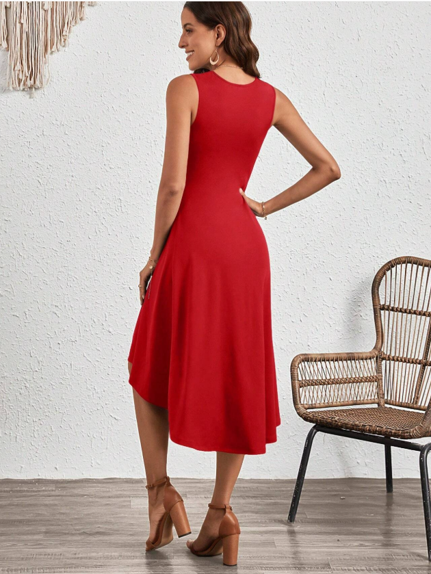 Damen Unifarben Ärmellos Sommer Nahtverarbeitung Kleid Rundhals Täglich Retro Midi Tanktop A-Linien-Kleid