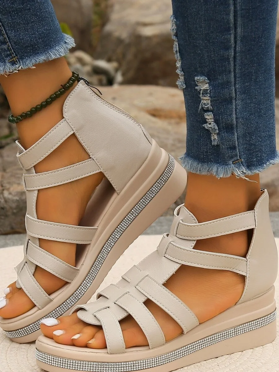 Neu Sommer Pantolette für Damen Weich Leder Keilabsatz Strass dicke Sohlen römisch Pantolette Elegant Hohl Pantolette