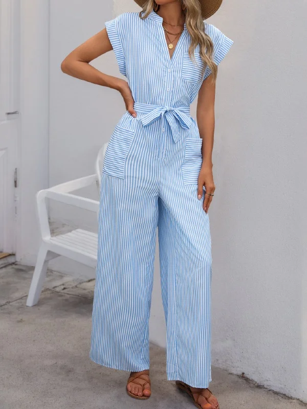 Damen Gestreift V-Ausschnitt Ärmellos Lässig Sommer Baumwolle Jumpsuit