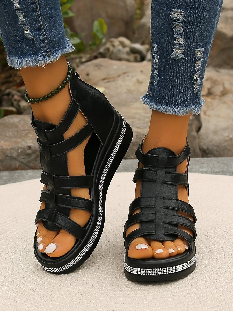 Neu Sommer Pantolette für Damen Weich Leder Keilabsatz Strass dicke Sohlen römisch Pantolette Elegant Hohl Pantolette