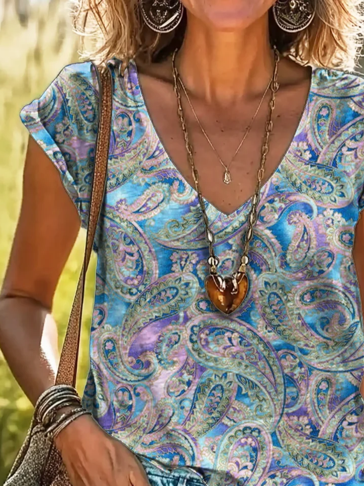 Damen Paisley Kurzarm T-Shirts T-Shirt V-Ausschnitt Print Lässig Sommer T-Shirt mit Grafik Oberteile