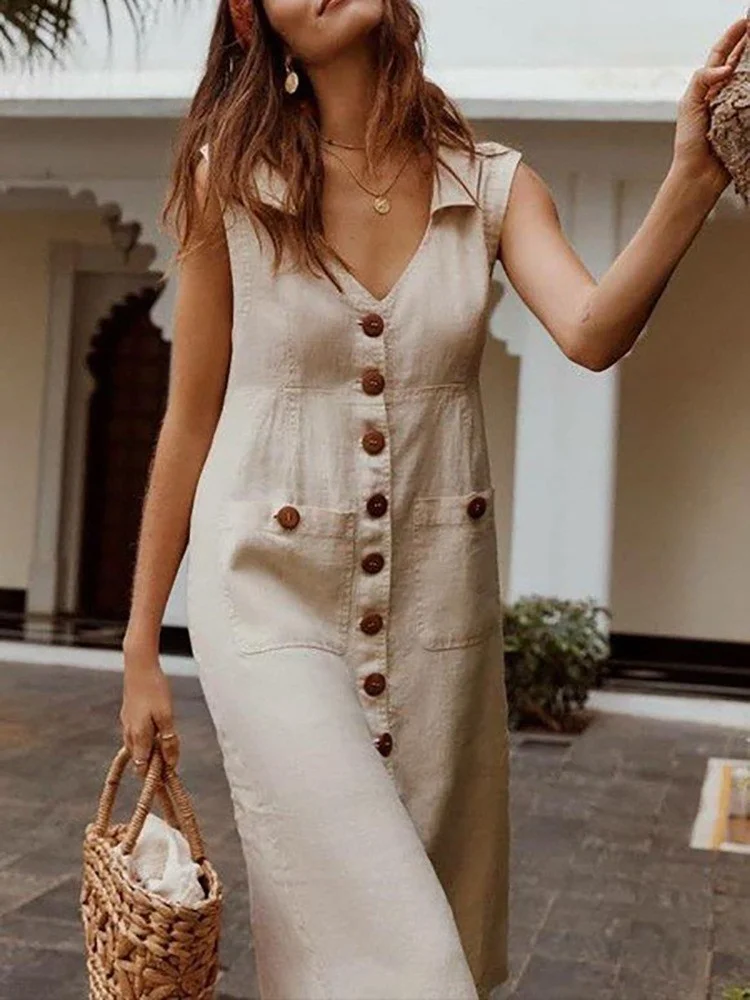 Damen Unifarben Ärmellos Sommer Nahtverarbeitung Kleid Stehkragen Täglich Retro Maxikleid Tanktop A-Linien-Kleid