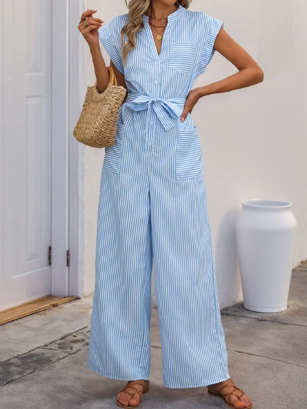 Damen Gestreift V-Ausschnitt Ärmellos Lässig Sommer Baumwolle Jumpsuit