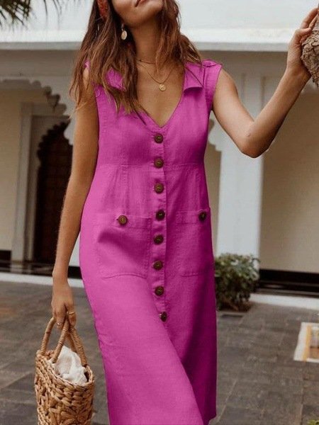 Damen Unifarben Ärmellos Sommer Nahtverarbeitung Kleid Stehkragen Täglich Retro Maxikleid Tanktop A-Linien-Kleid