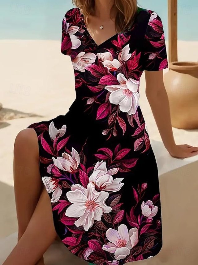 Damen Geblümt Kurzarm Sommer Print Kleid V-Ausschnitt Täglich Lässig Midi Passen & Flare Kleid A-Linien-Kleid