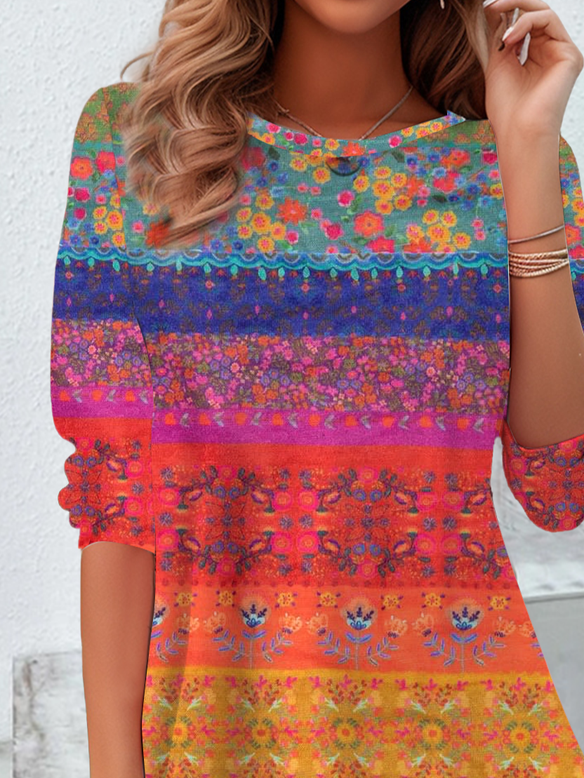 Damen Geblümt Langarm T-Shirts T-Shirt Rundhals Print Lässig Frühling/Herbst Tunika Oberteile