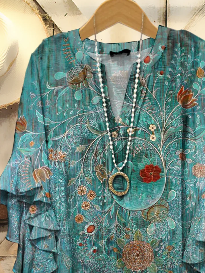 Damen Geblümt Halbarm Bluse Sommer Print V-Ausschnitt Täglich Lässig Oberteile