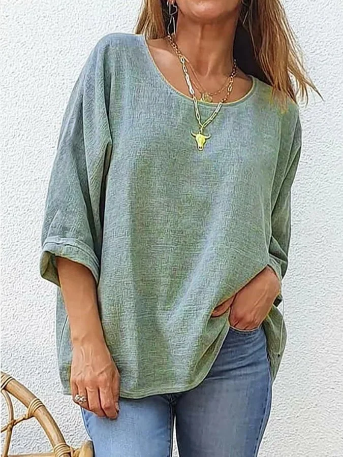 Damen Unifarben Dreiviertelärmel T-Shirts T-Shirt Rundhals Lässig Frühling/Herbst Oberteile