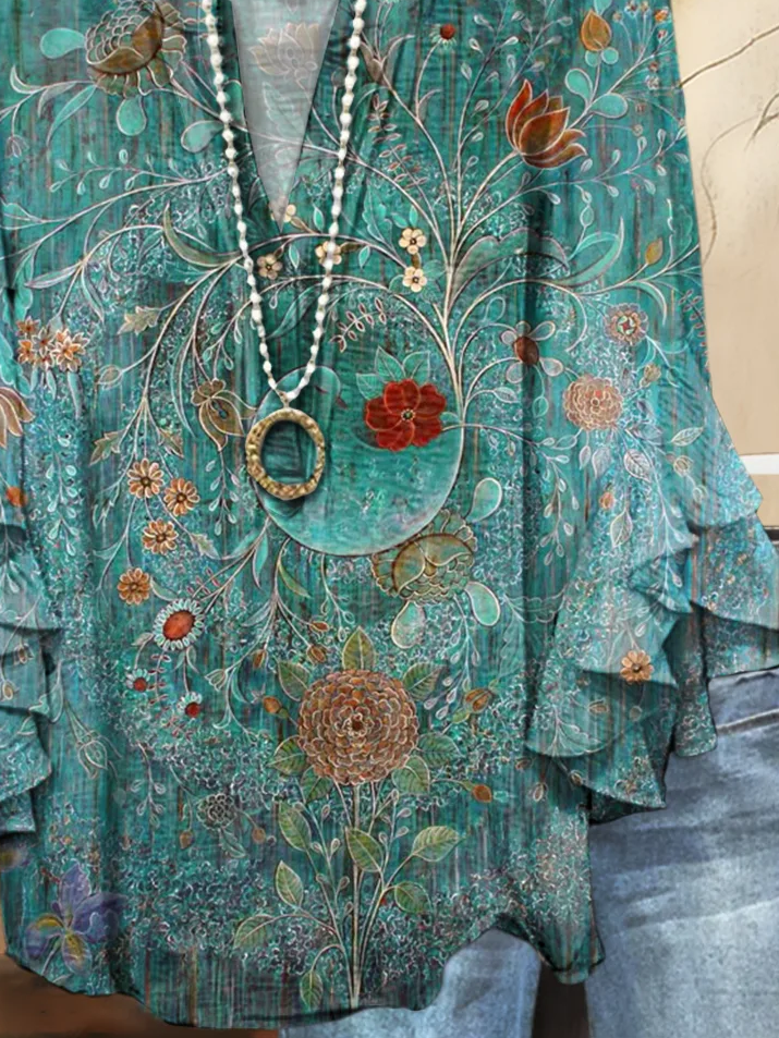 Damen Geblümt Halbarm Bluse Sommer Print V-Ausschnitt Täglich Lässig Oberteile