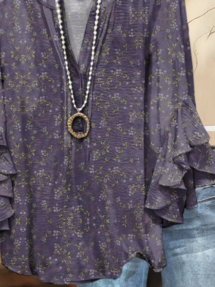 Damen Geblümt Halbarm Bluse Sommer Print V-Ausschnitt Täglich Lässig Oberteile