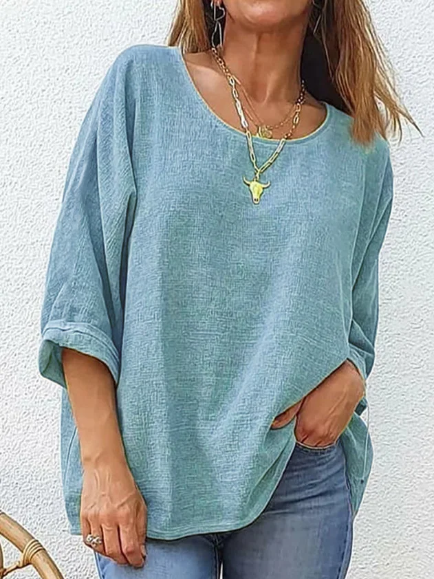 Damen Unifarben Dreiviertelärmel T-Shirts T-Shirt Rundhals Lässig Frühling/Herbst Oberteile