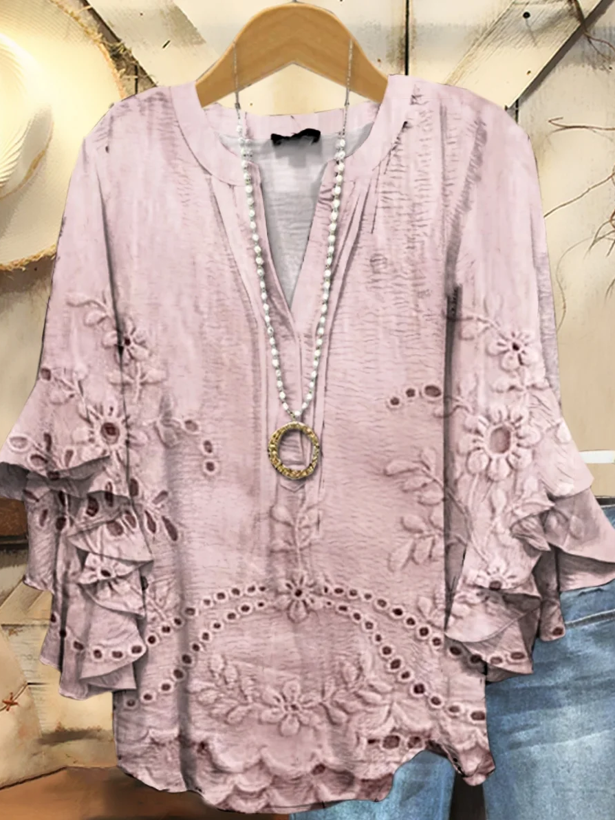 Damen Geblümt Halbarm Bluse Sommer Print V-Ausschnitt Täglich Lässig Oberteile