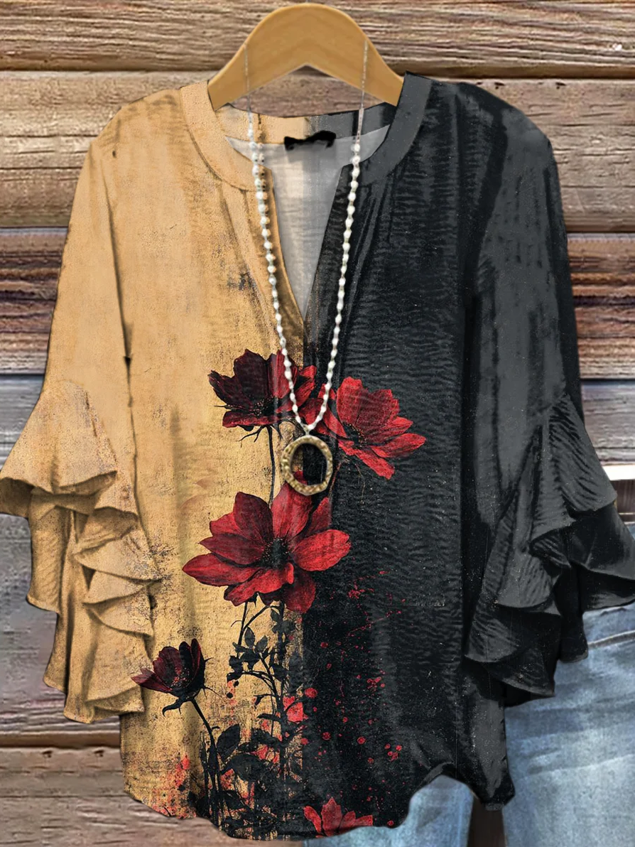 Damen Geblümt Halbarm Bluse Sommer Print V-Ausschnitt Täglich Lässig Oberteile