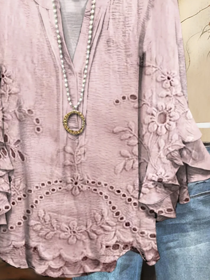 Damen Geblümt Halbarm Bluse Sommer Print V-Ausschnitt Täglich Lässig Oberteile