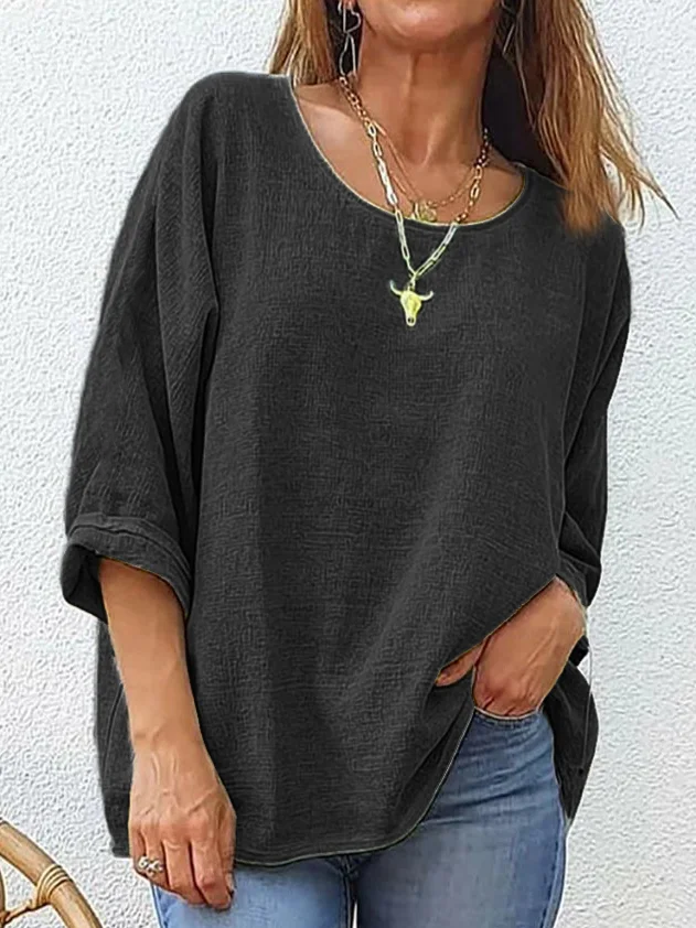 Damen Unifarben Dreiviertelärmel T-Shirts T-Shirt Rundhals Lässig Frühling/Herbst Oberteile