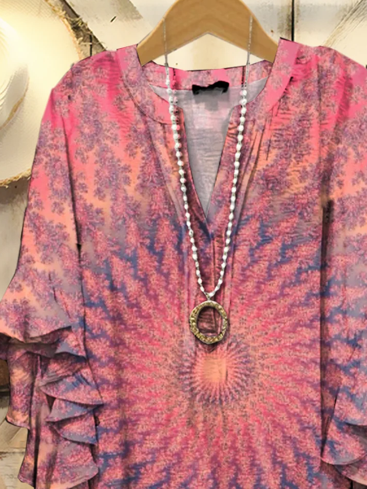 Damen Tie-Dye-Muster Halbarm Bluse Sommer Print V-Ausschnitt Täglich Lässig Oberteile