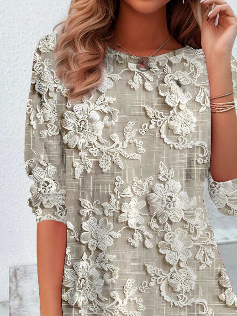 Damen Geblümt Langarm T-Shirts T-Shirt Rundhals Print Lässig Frühling/Herbst Tunika Oberteile