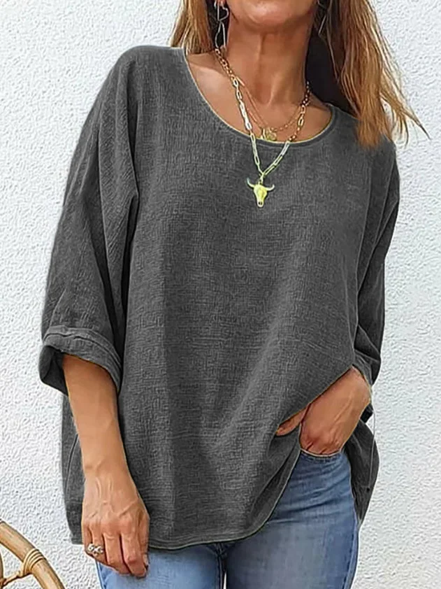 Damen Unifarben Dreiviertelärmel T-Shirts T-Shirt Rundhals Lässig Frühling/Herbst Oberteile