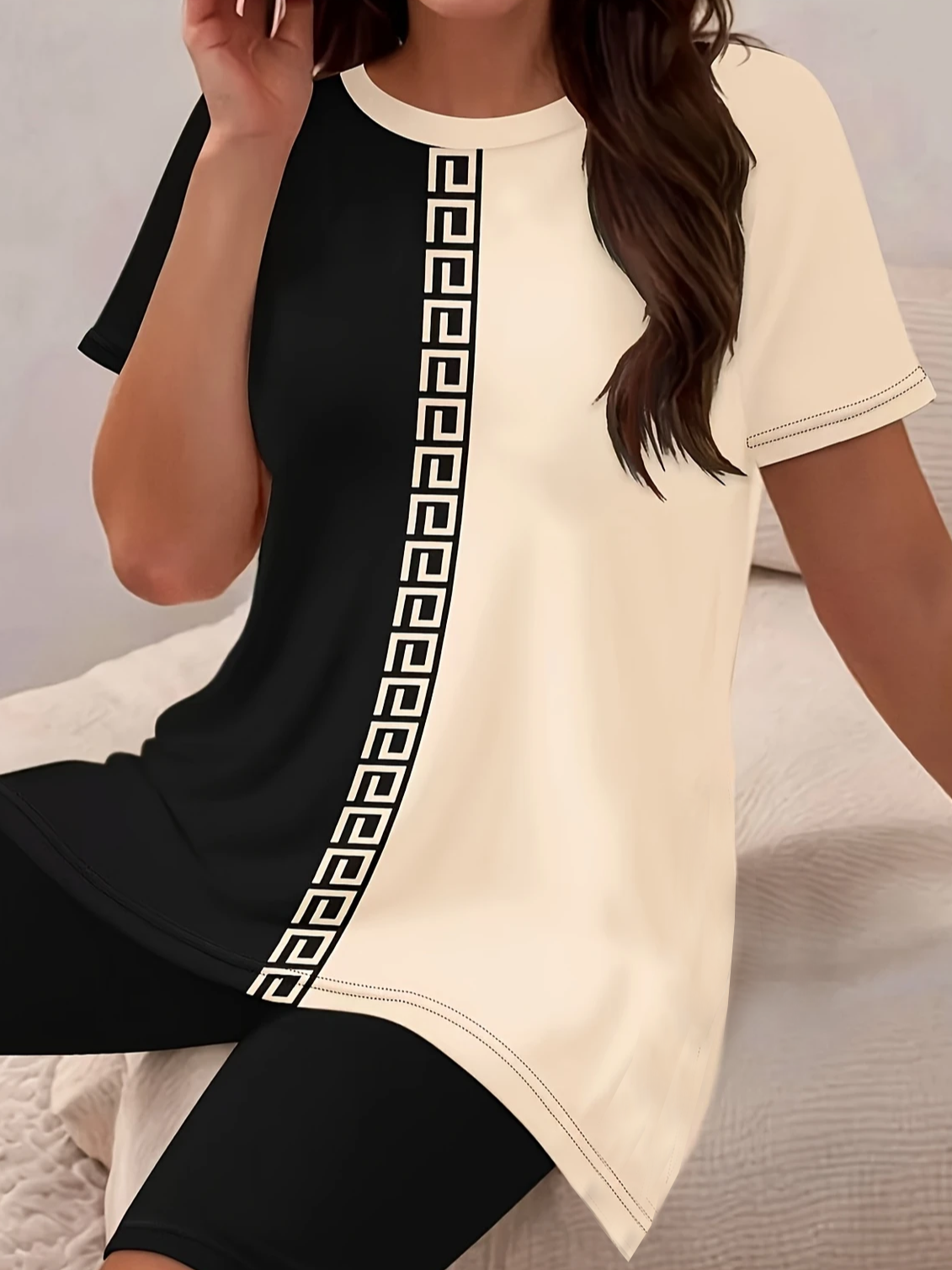 Damen Geometrisch Print Zweiteiliges Set Täglich Kurzarm Lässig Sommer Bluse mit Hose Matching Set