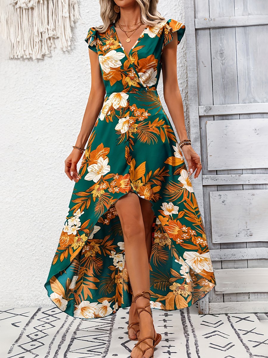 Damen Unifarben Kurzarm Sommer Print Kleid V-Ausschnitt Rüschenärmel Täglich Retro Maxikleid Tanktop A-Linien-Kleid