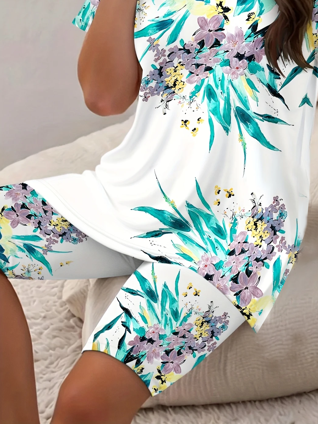 Damen Geblümt Print Zweiteiliges Set Täglich Kurzarm Lässig Sommer Bluse mit Hose Matching Set