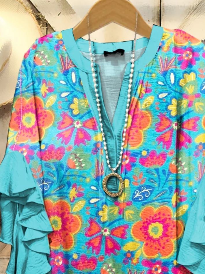 Damen Geblümt Halbarm Bluse Sommer Print V-Ausschnitt Täglich Lässig Oberteile