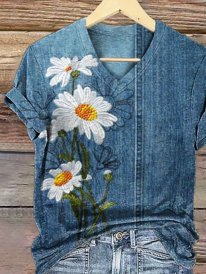 Damen Geblümt Kurzarm T-Shirts T-Shirt V-Ausschnitt Print Lässig Sommer T-Shirt mit Grafik Oberteile