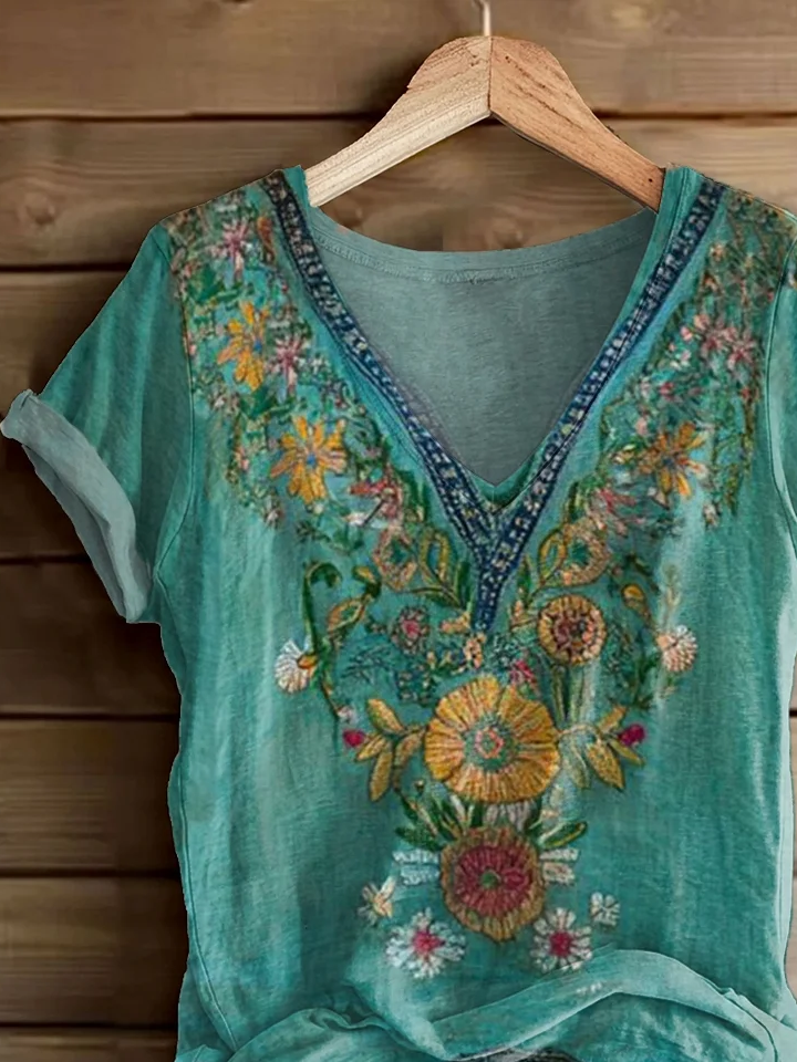 Damen Geblümt Kurzarm T-Shirts T-Shirt V-Ausschnitt Print Lässig Sommer T-Shirt mit Grafik Oberteile