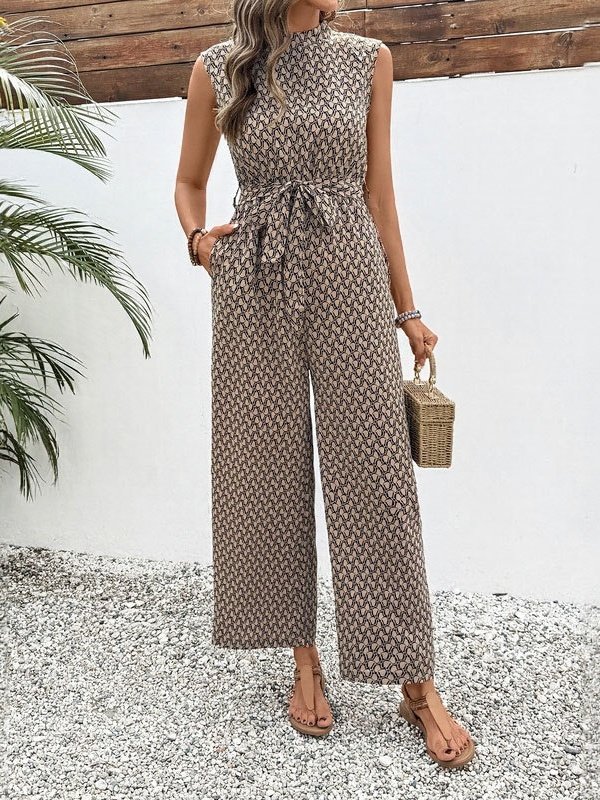 Damen Geometrisch Rundhals Ärmellos Retro Sommer Jumpsuit
