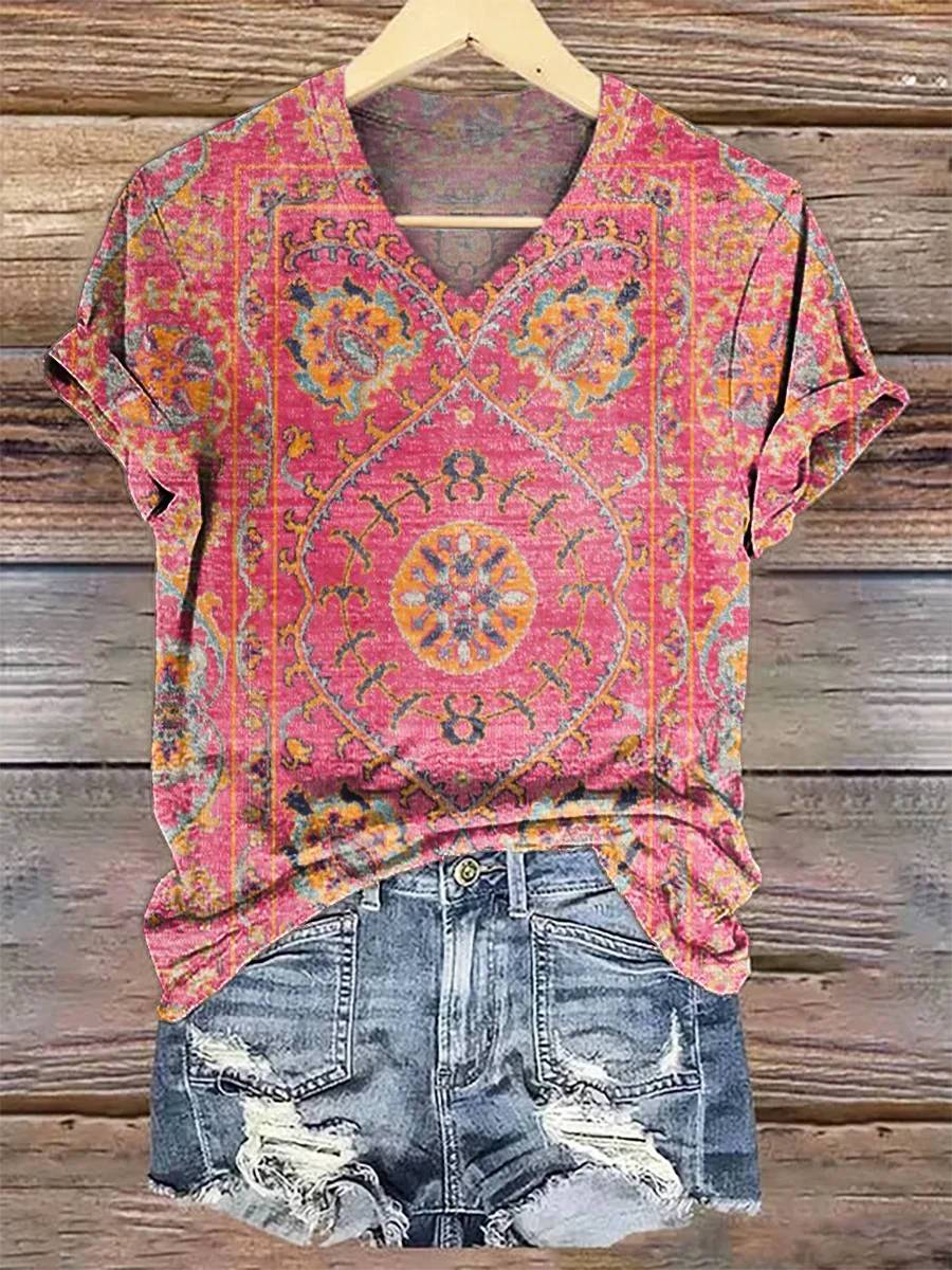 Damen Geblümt Kurzarm T-Shirts T-Shirt V-Ausschnitt Print Lässig Sommer T-Shirt mit Grafik Oberteile