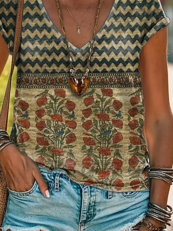 Damen Geblümt Kurzarm T-Shirts T-Shirt V-Ausschnitt Print Lässig Sommer T-Shirt mit Grafik Oberteile