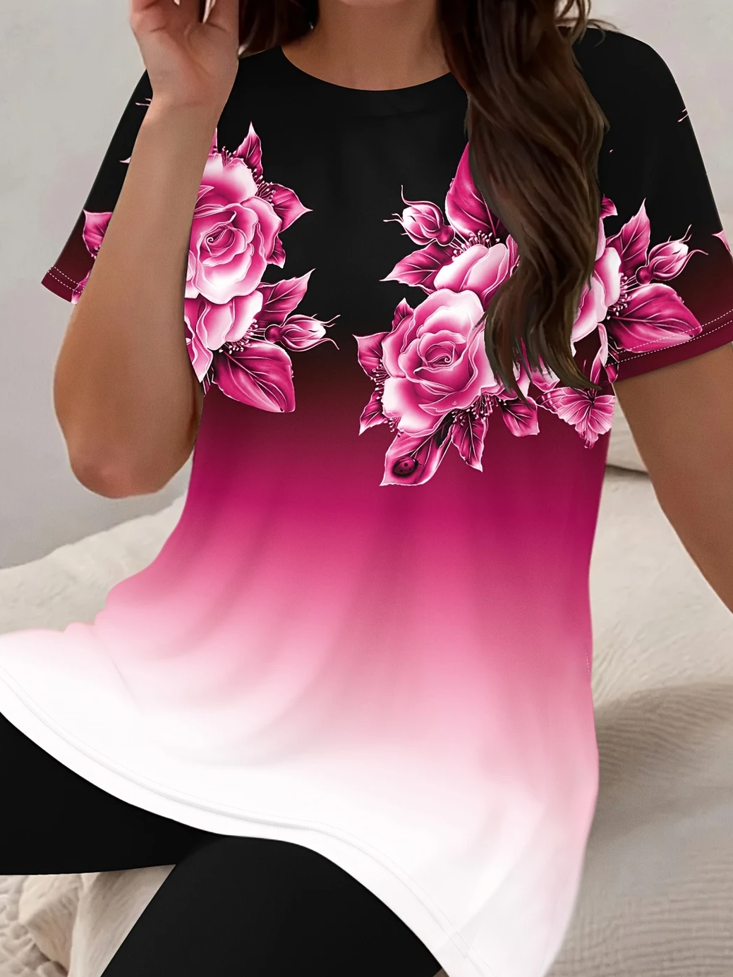Damen Geblümt Print Zweiteiliges Set Täglich Kurzarm Lässig Sommer Bluse mit Hose Matching Set