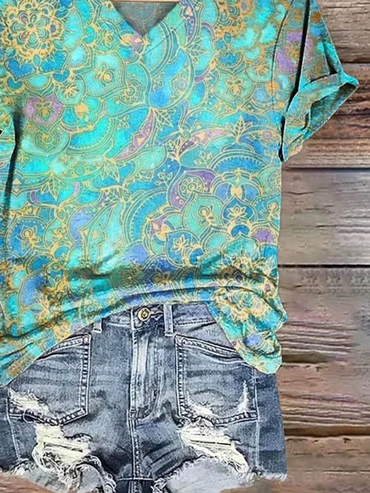 Damen Geblümt Kurzarm T-Shirts T-Shirt V-Ausschnitt Print Lässig Sommer T-Shirt mit Grafik Oberteile