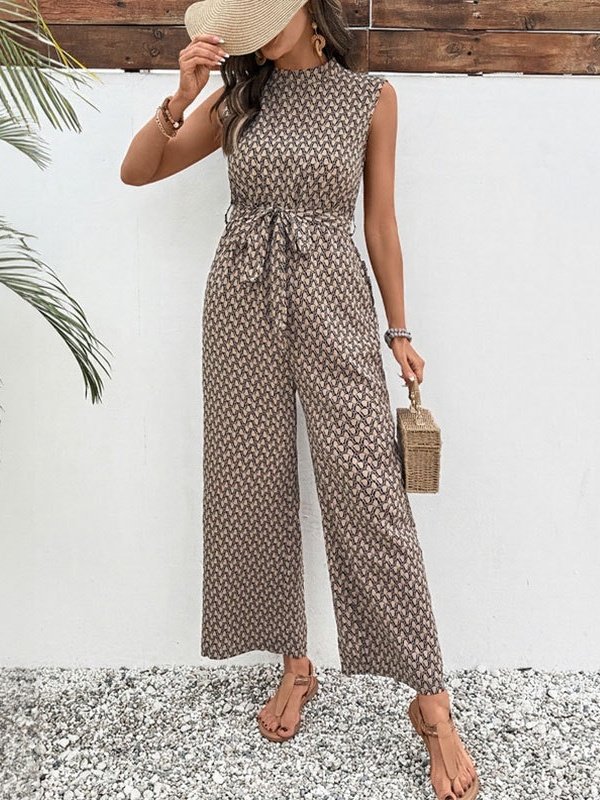 Damen Geometrisch Rundhals Ärmellos Retro Sommer Jumpsuit