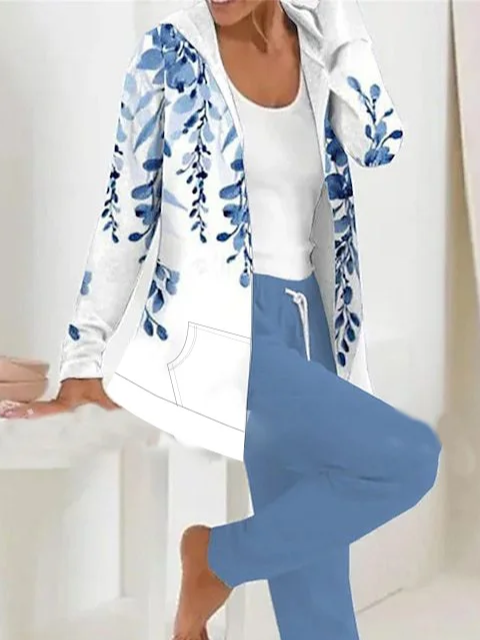 Damen Geblümt Print Zweiteiliges Set Täglich Langarm Lässig Frühling/Herbst Mantel mit Hosen Matching Set