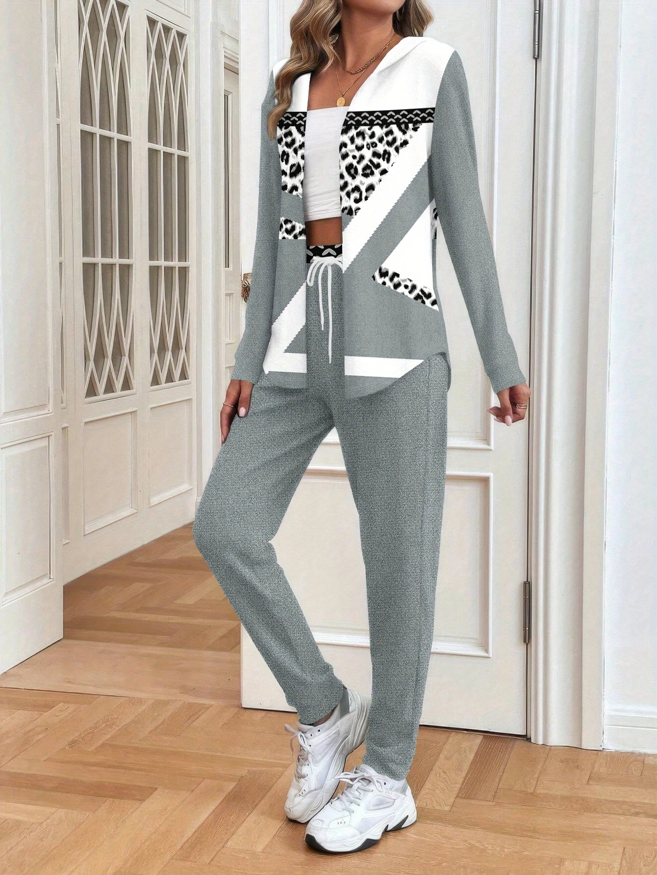 Damen Abstrakt Print Zweiteiliges Set Täglich Langarm Lässig Frühling/Herbst Mantel mit Hosen Matching Set