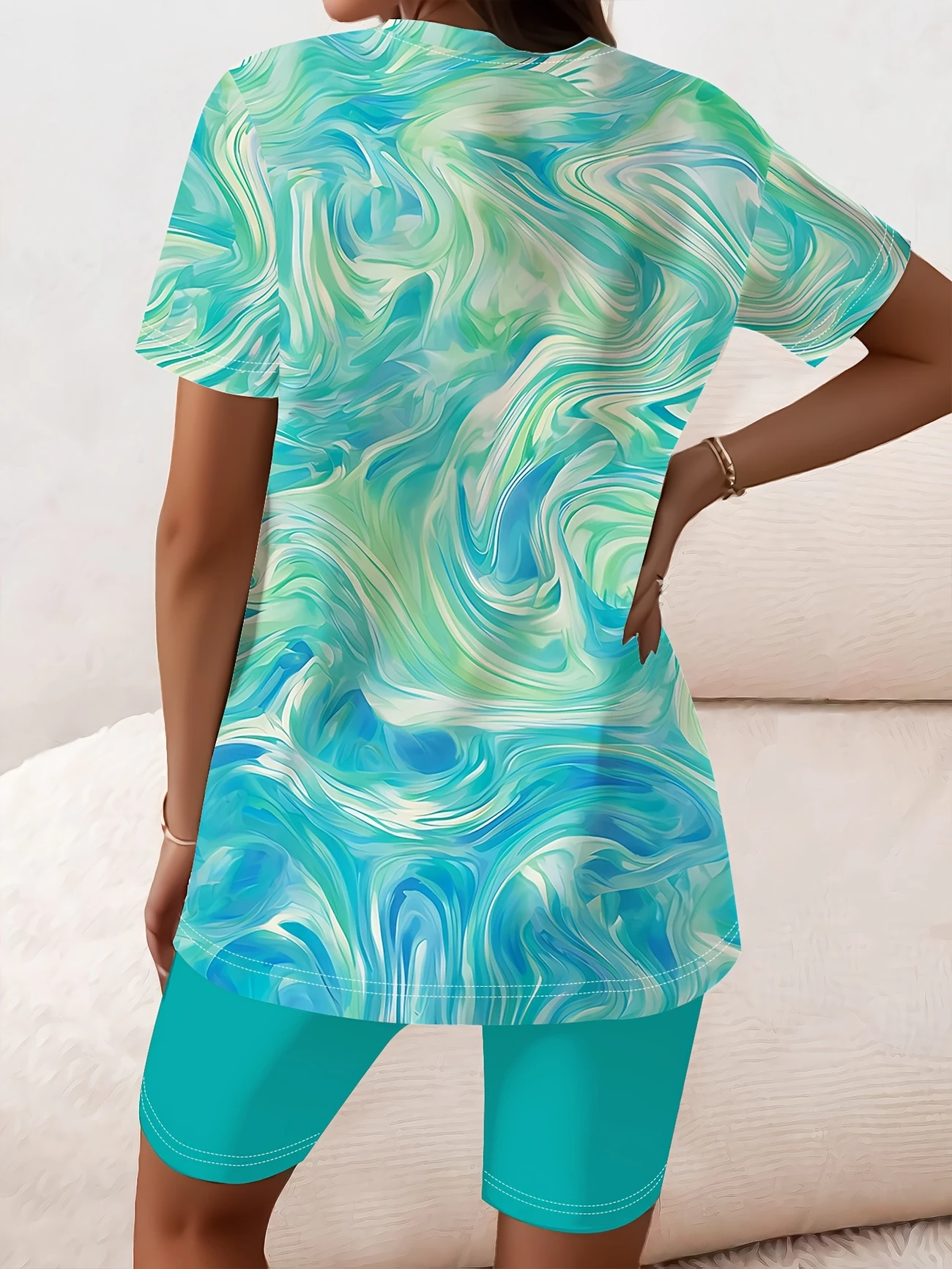 Damen Abstrakt Print Zweiteiliges Set Täglich Kurzarm Lässig Sommer Bluse mit Hose Matching Set