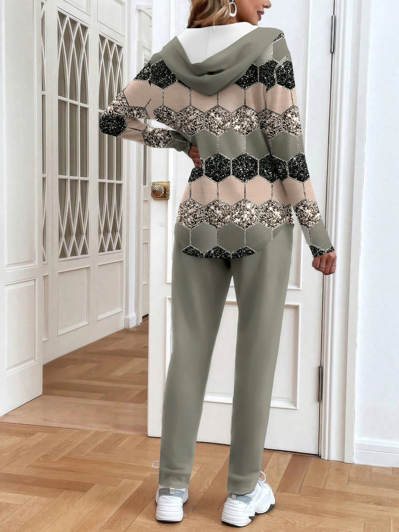 Damen Abstrakt Print Zweiteiliges Set Täglich Langarm Lässig Frühling/Herbst Mantel mit Hosen Matching Set