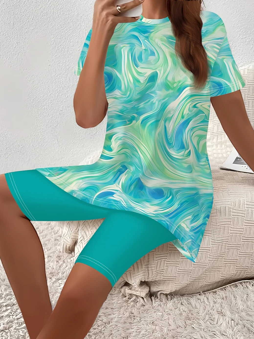 Damen Abstrakt Print Zweiteiliges Set Täglich Kurzarm Lässig Sommer Bluse mit Hose Matching Set