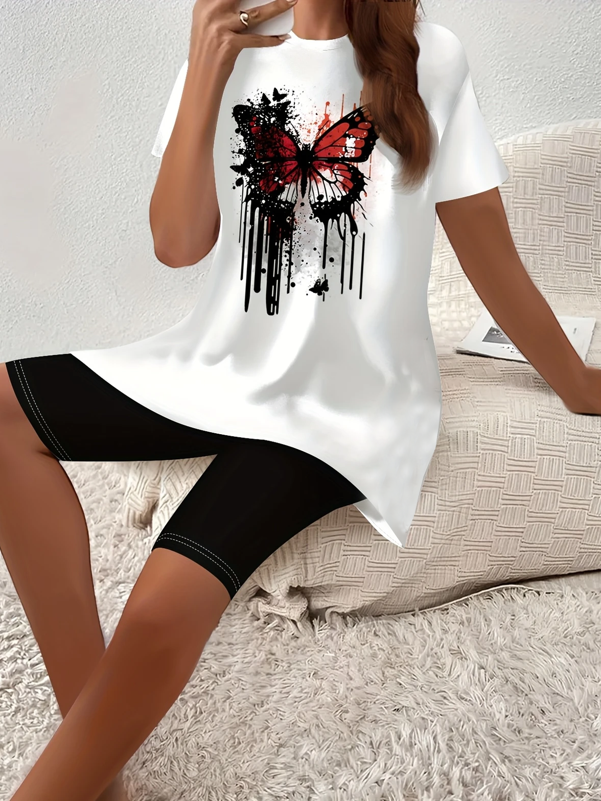 Damen Schmetterling Print Zweiteiliges Set Täglich Kurzarm Lässig Sommer Bluse mit Hose Matching Set