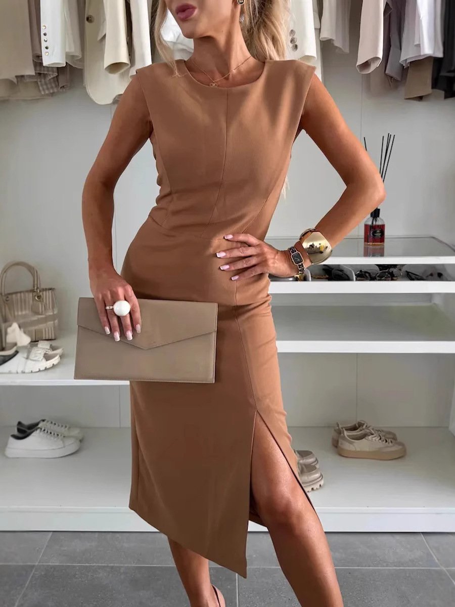 Damen Unifarben Kurzarm Sommer Nahtverarbeitung Kleid Rundhals Täglich Lässig Midi Tanktop A-Linien-Kleid