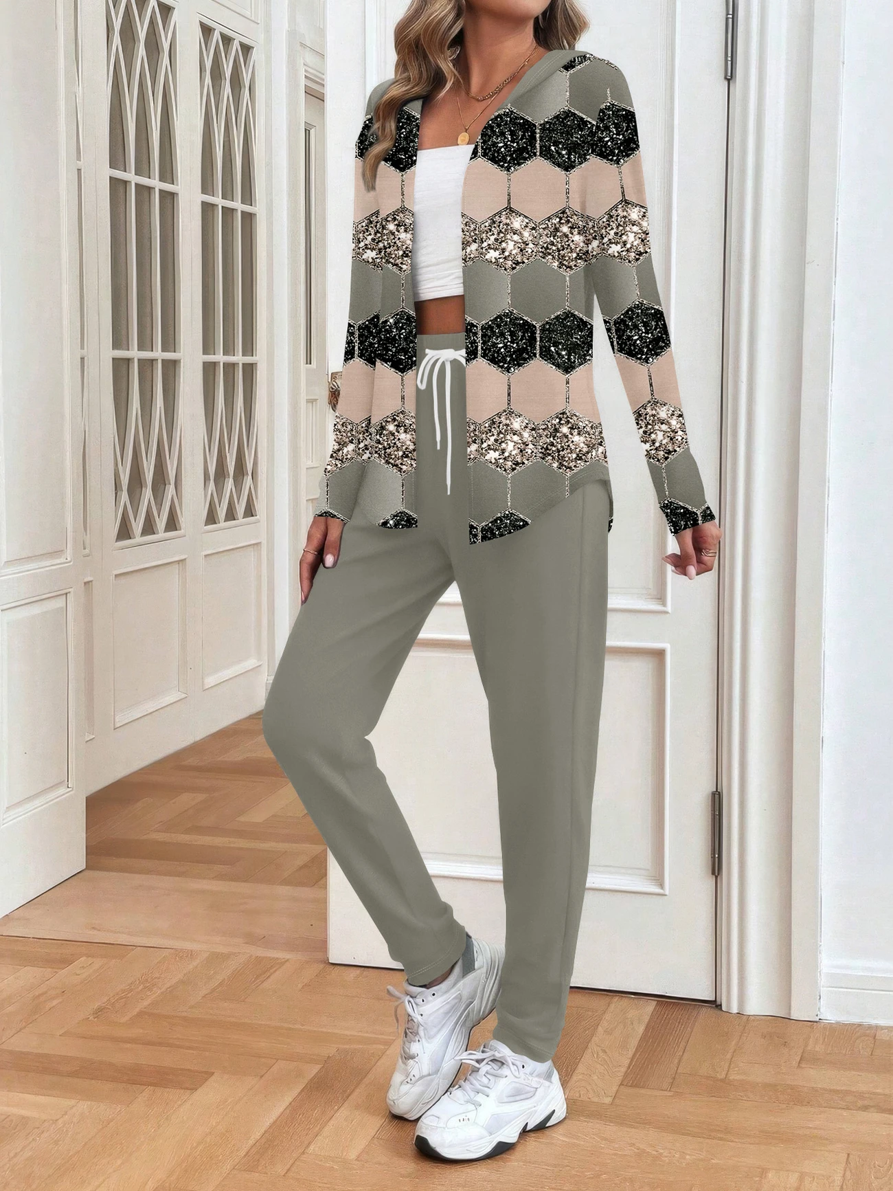 Damen Abstrakt Print Zweiteiliges Set Täglich Langarm Lässig Frühling/Herbst Mantel mit Hosen Matching Set