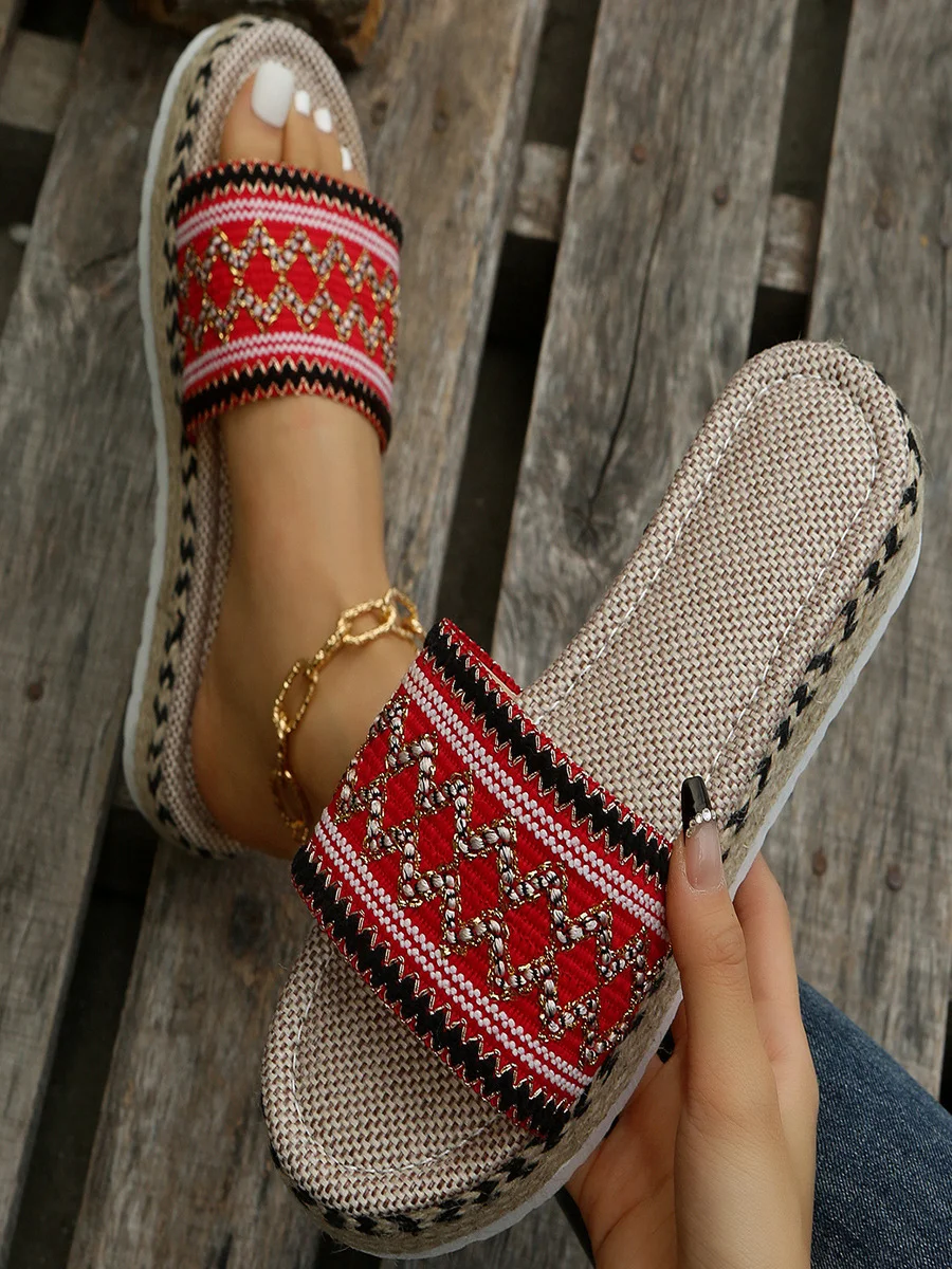 Neu Ethnisch Stil Pantoletten für Damen Hanf Seil Golden Linie Geometrisch Dicker Boden Plateau Pantoletten