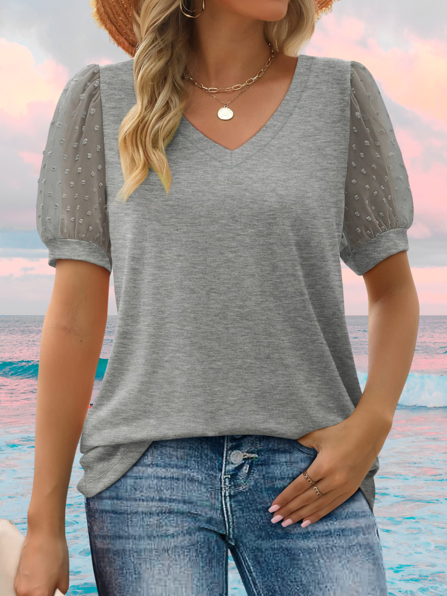 Damen Polka Dots Kurzarm T-Shirts T-Shirt V-Ausschnitt Jacquard Lässig Sommer Oberteile