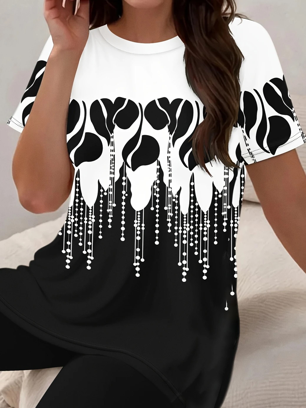 Damen Abstrakt Print Zweiteiliges Set Täglich Kurzarm Lässig Sommer Bluse mit Hose Matching Set