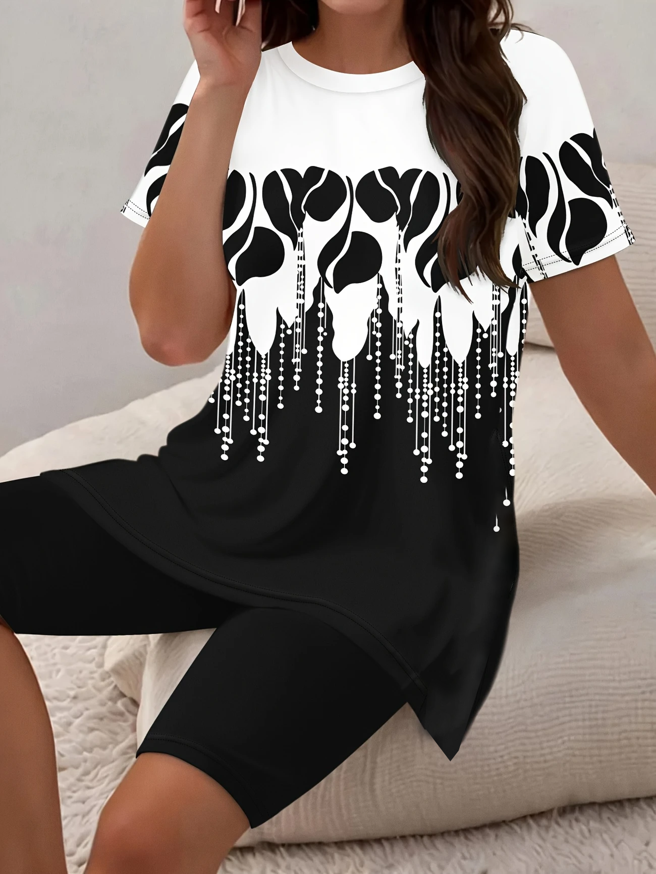 Damen Abstrakt Print Zweiteiliges Set Täglich Kurzarm Lässig Sommer Bluse mit Hose Matching Set