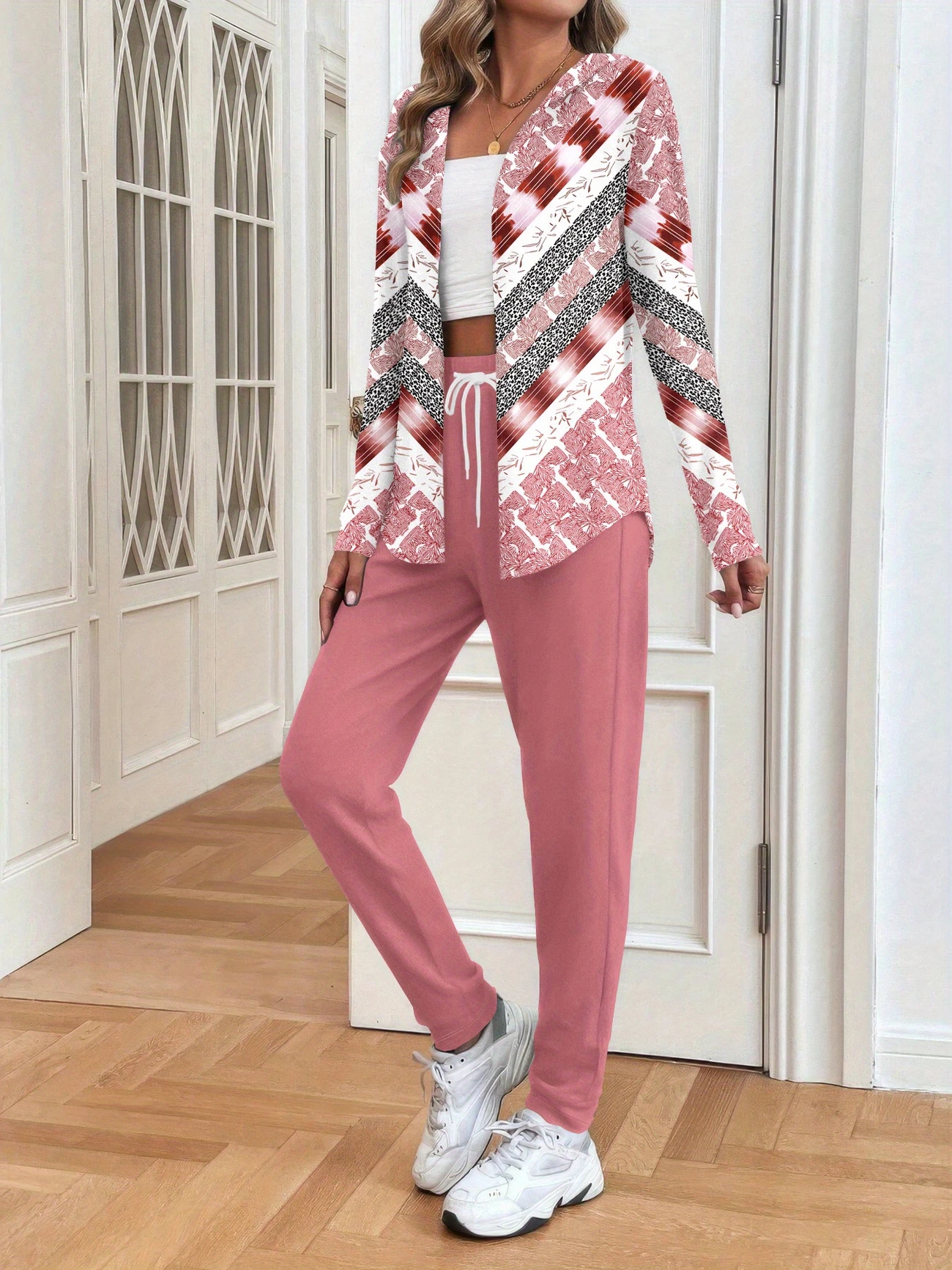 Damen Abstrakt Print Zweiteiliges Set Täglich Langarm Lässig Frühling/Herbst Mantel mit Hosen Matching Set