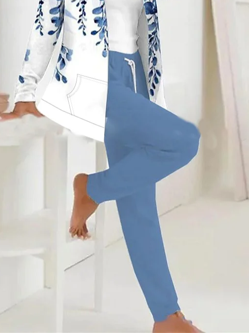 Damen Geblümt Print Zweiteiliges Set Täglich Langarm Lässig Frühling/Herbst Mantel mit Hosen Matching Set