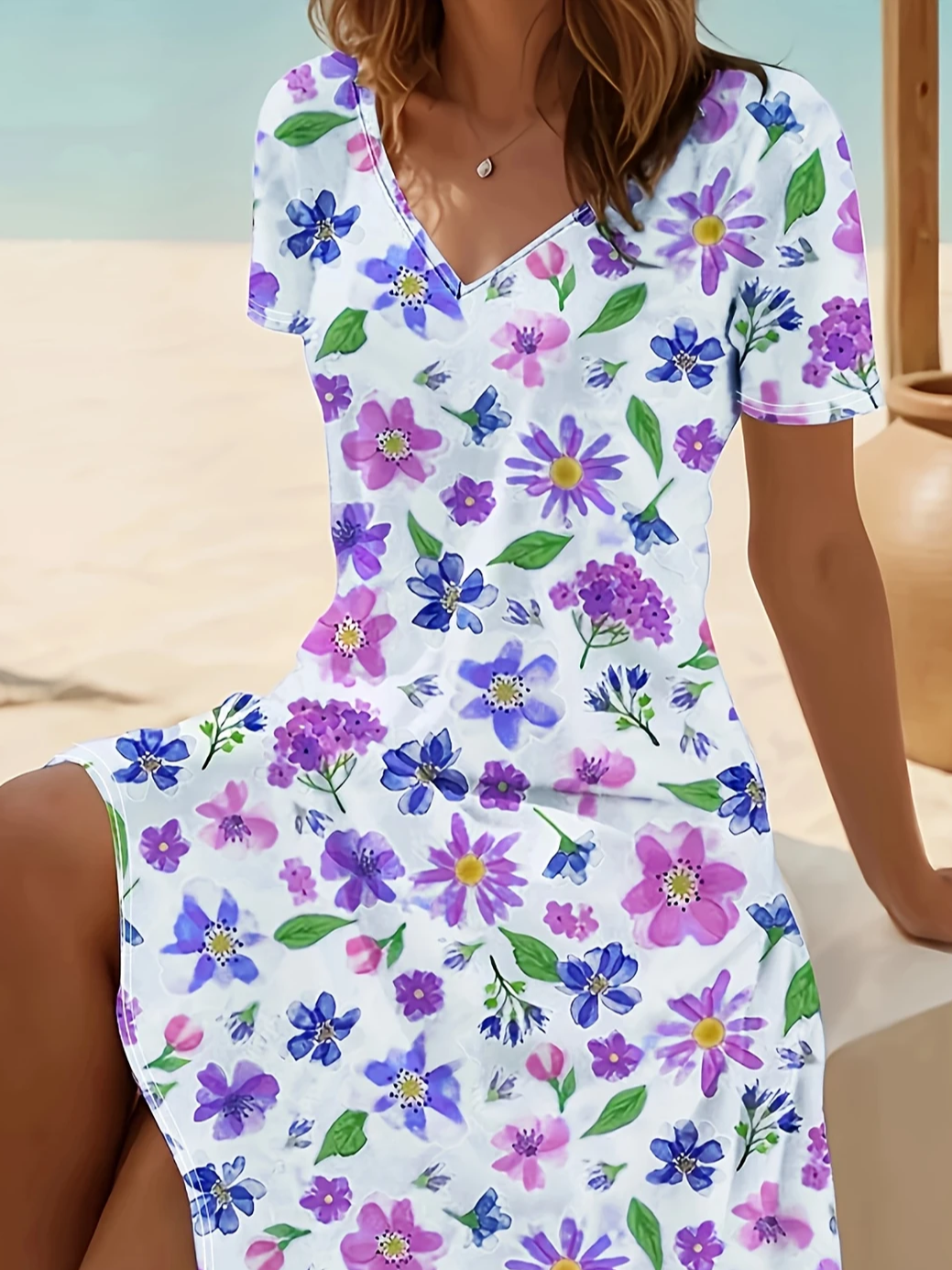 Damen Geblümt Kurzarm Sommer Print Kleid V-Ausschnitt Täglich Lässig Midi Passen & Flare Kleid A-Linien-Kleid